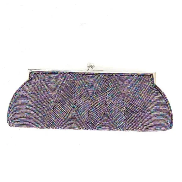 Valerie Stevens Cute Beaded Hinged Clutch Purse w shoulder chain - Picture 3 of 8